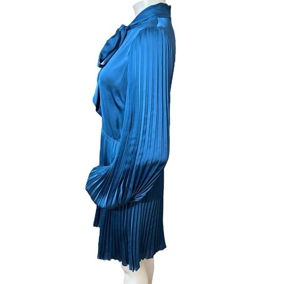 Monique Lhuillier Pleated Dress With Necktie Ceramic Blue Size 10 - Picture 2 of 11